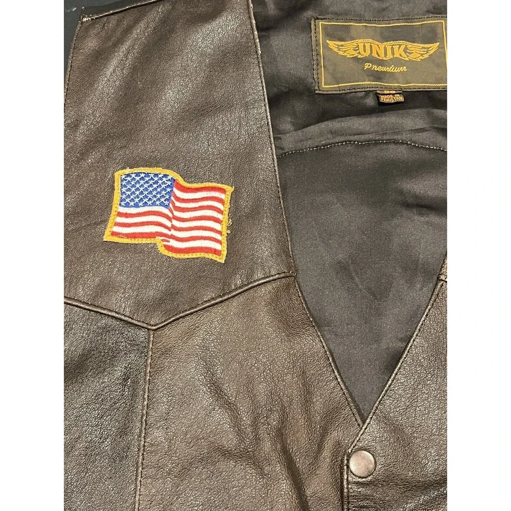 UNIK Premium Leather Brown Biker Motorcycle Vest Size 56 BORN‎ TO RIDE USA Patch